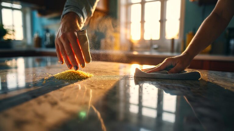 Illustration of rice bran being dusted onto a smudged stainless steel countertop and wiped with a dry microfiber cloth to reveal a clean, streak-free shine without buffing