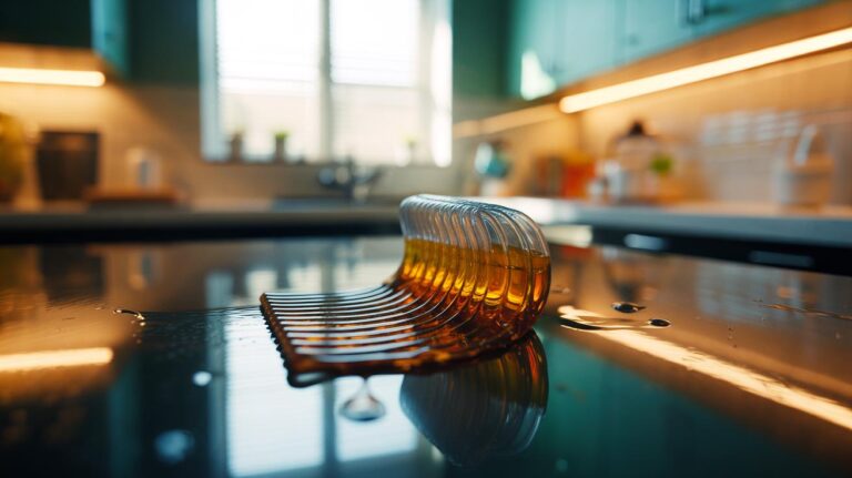 Illustration of a rubber band-wrapped sponge guiding a liquid spill into a neat bead for a one-swipe clean
