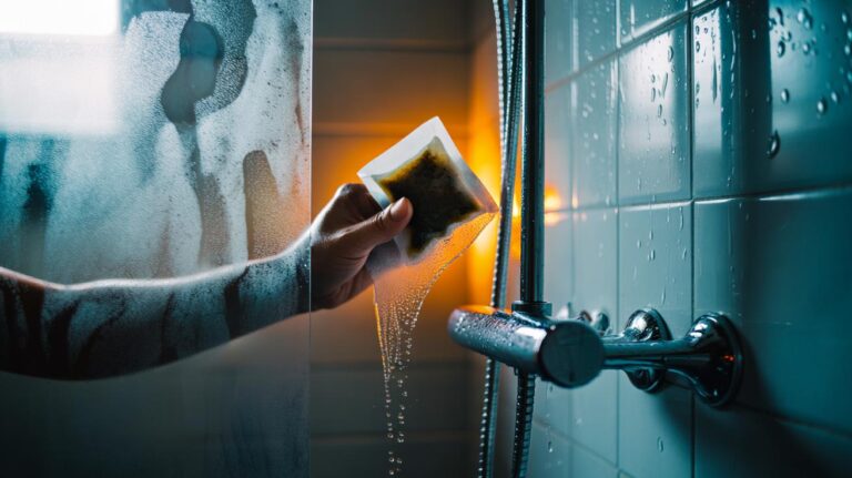Illustration of tea bags removing hard water marks from a shower glass door