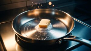 Illustration of baking soda slurry lifting grease from a stainless steel frying pan with a soft sponge